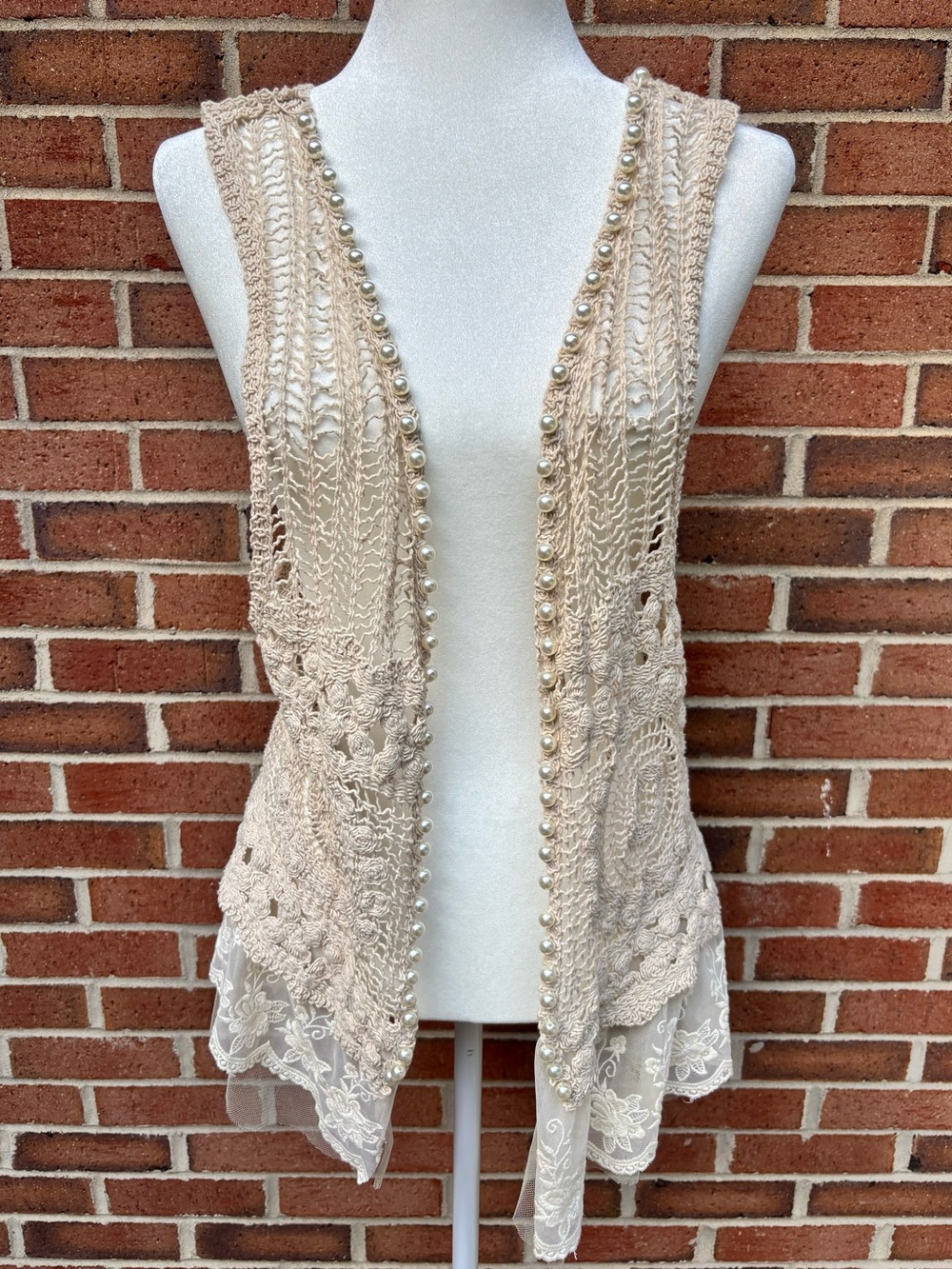 Paisley Vine Crochet Pearl Trim Lace Open Vest One Size Boho Festival Cottagecor